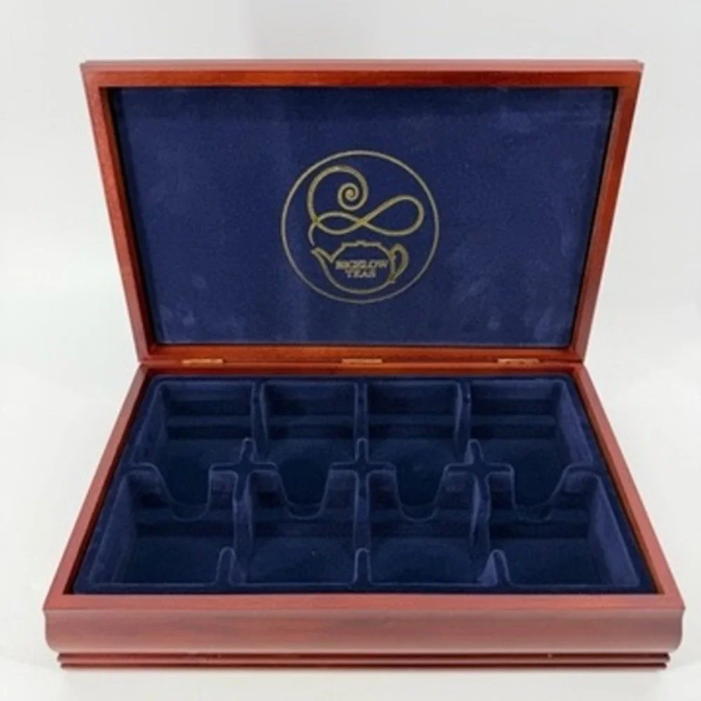 Bigelow Tea Wooden Chest 8 Compartment Storage Box Cherry Finish Blue Velvet